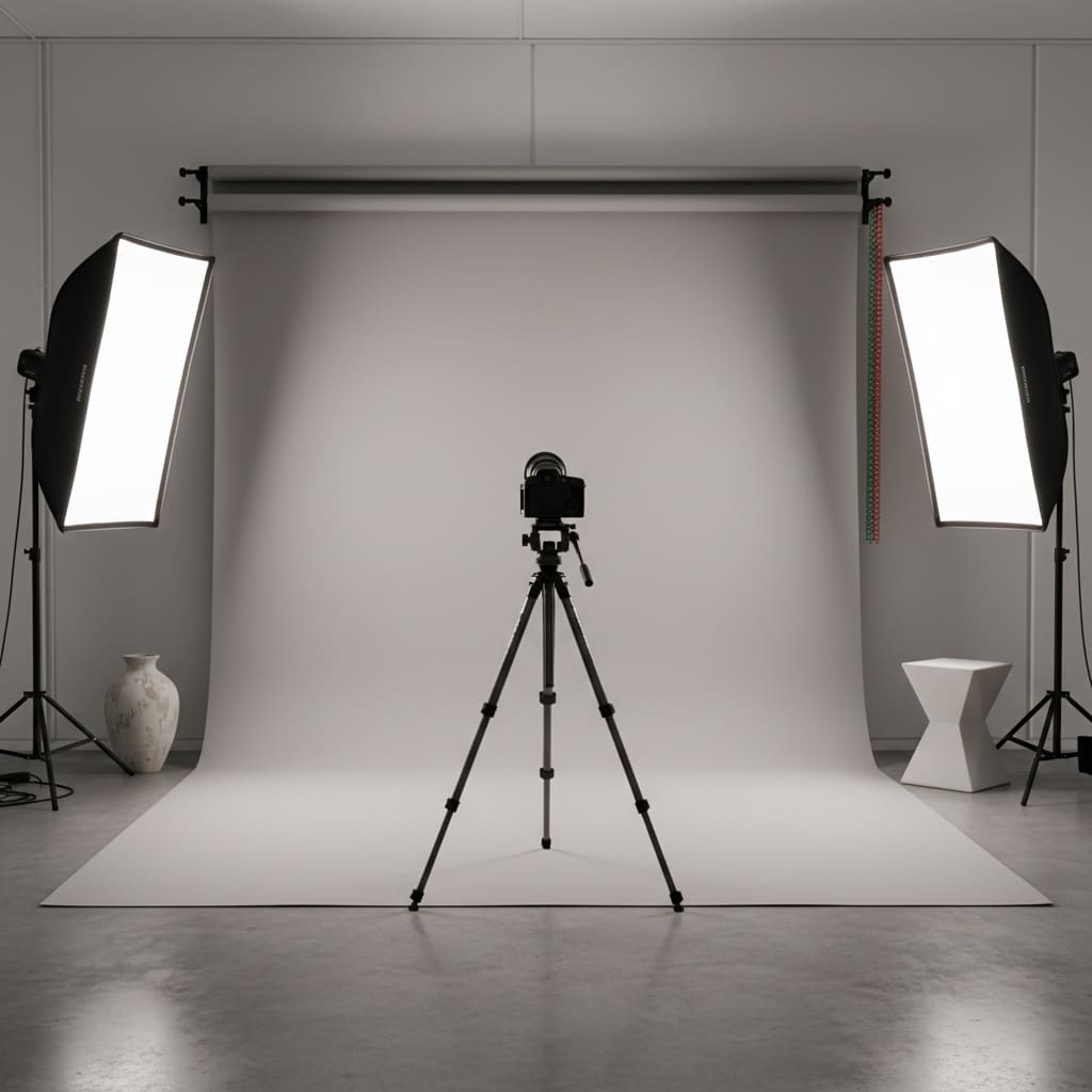 Modern photo studio interior with lights and seamless backdrops