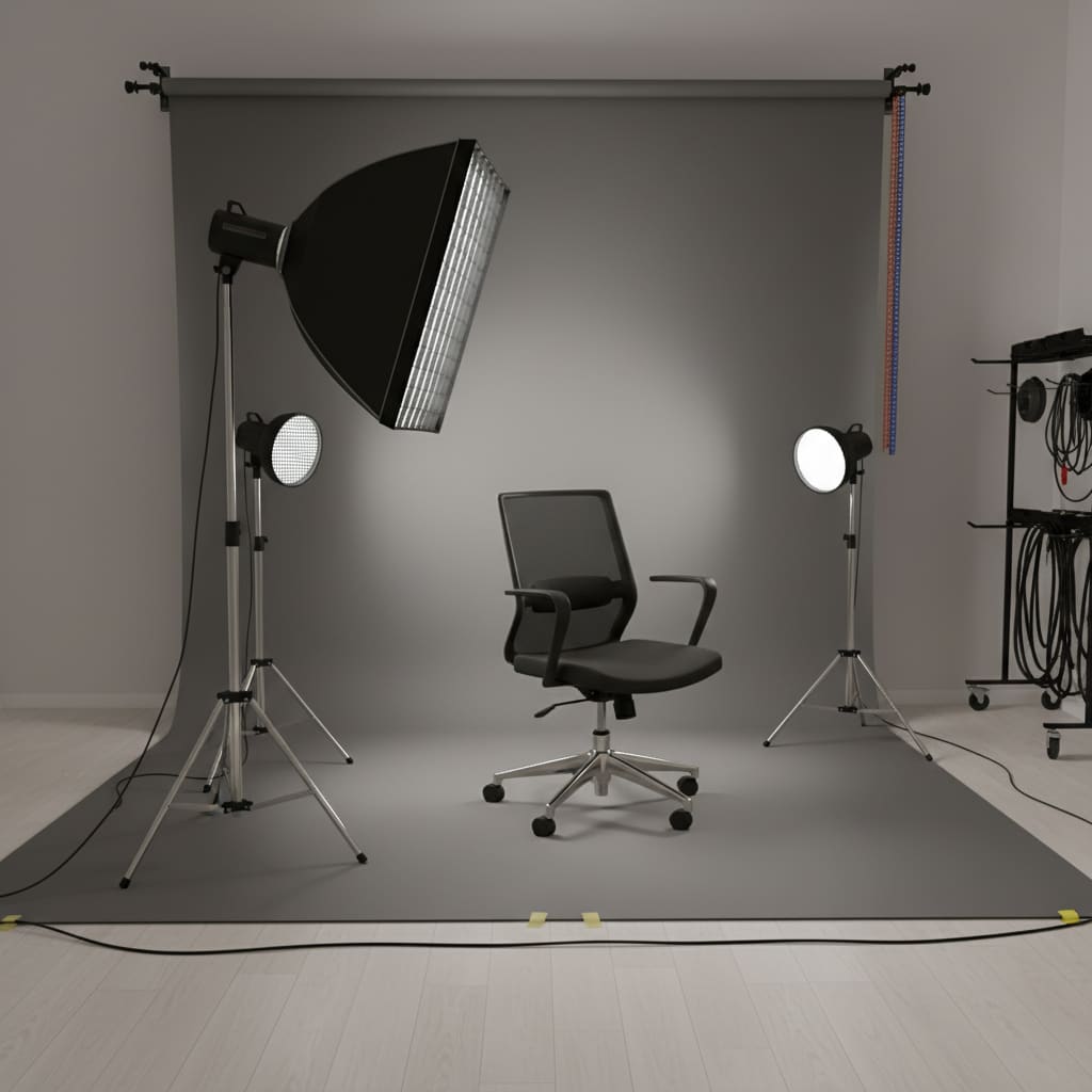 Corporate headshot setup with gray backdrop and lights