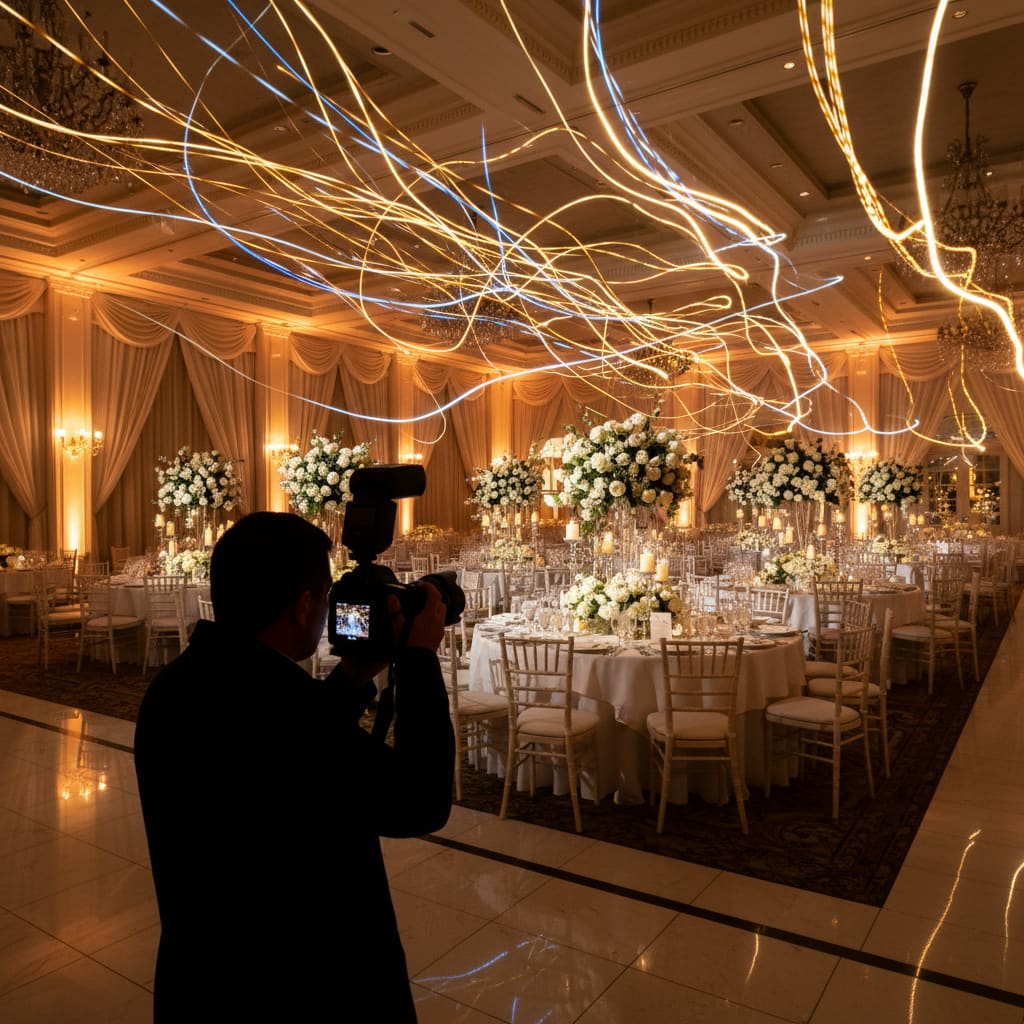 Event photography camera setup at banquet hall
