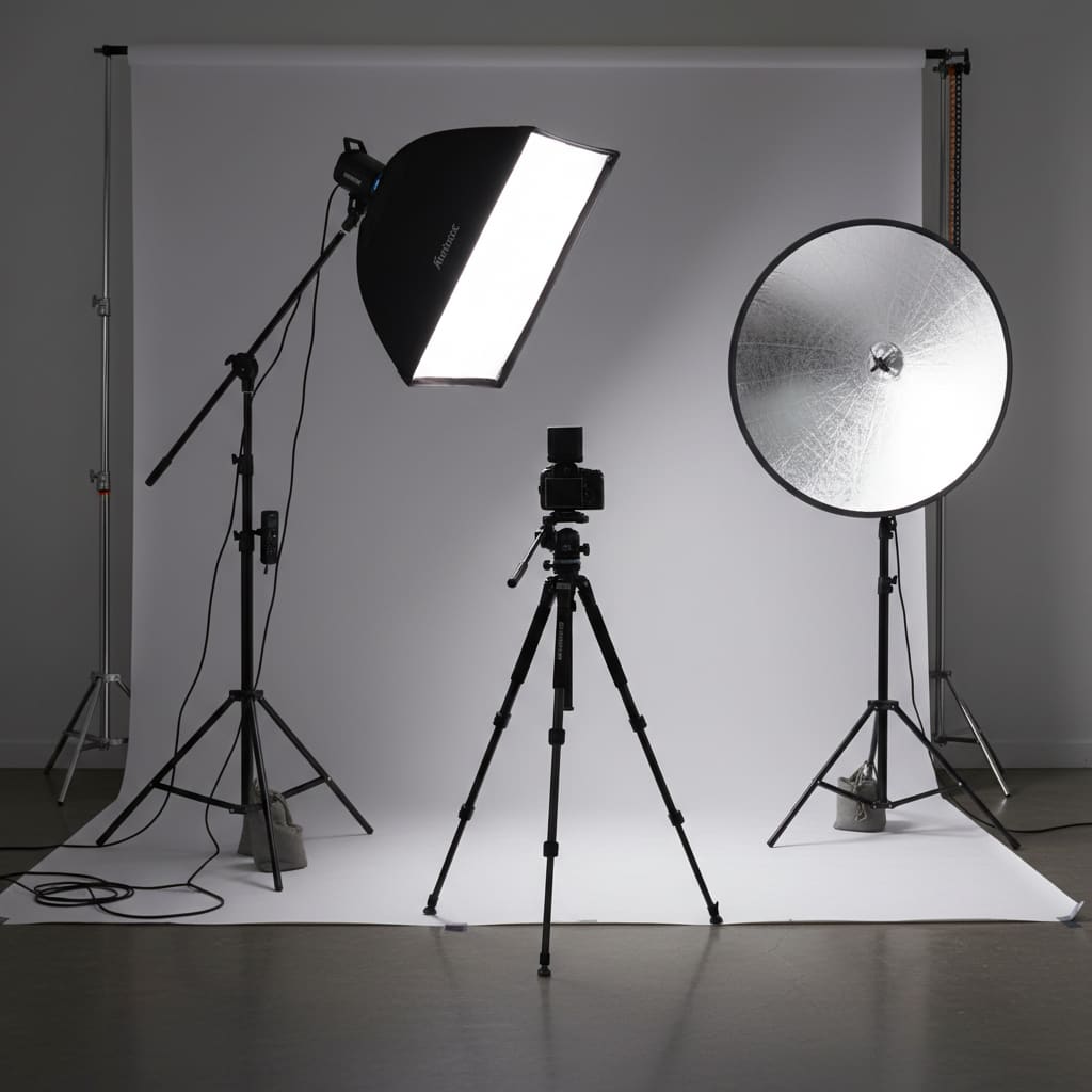 Studio portrait lighting setup with softbox and reflector
